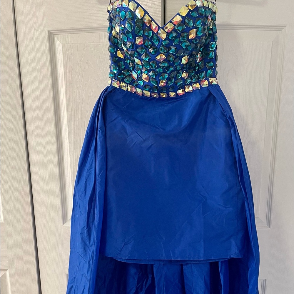 Blue Strapless Gown with Embellished Bodice